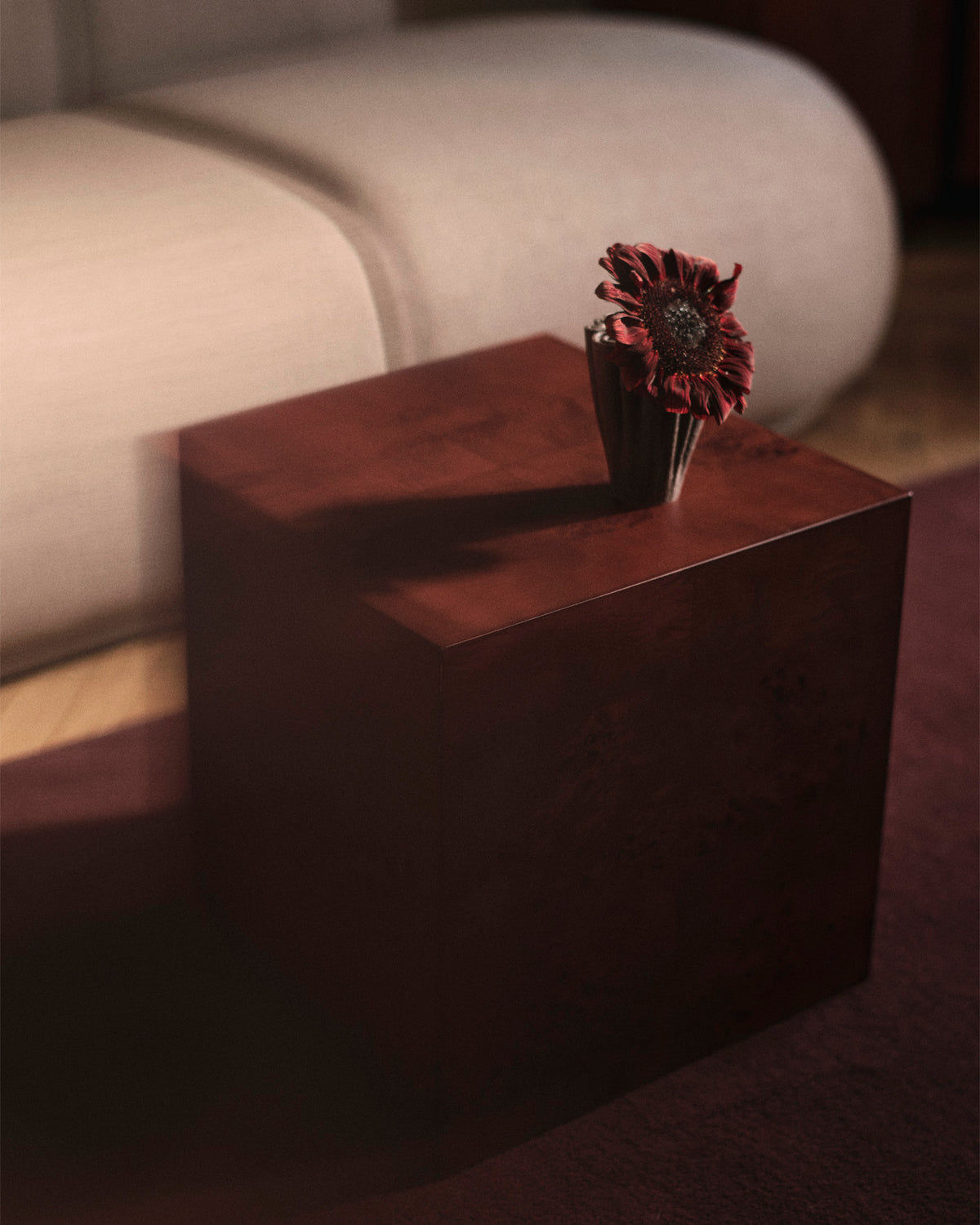 Burl Cube Side Table Dark Stained Burl