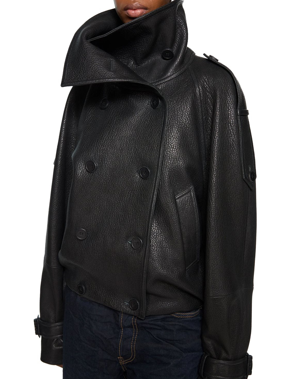 Short Leather Collar Coat Black