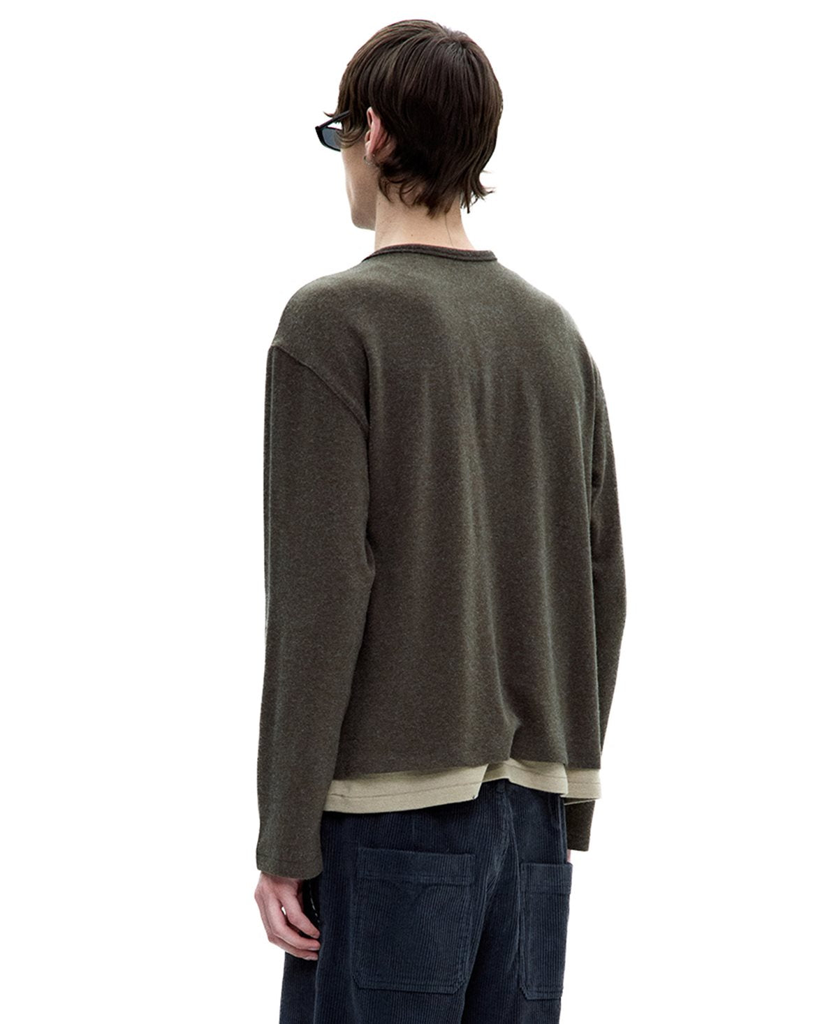 Henley Neck Layered T-Shirt Khaki Green