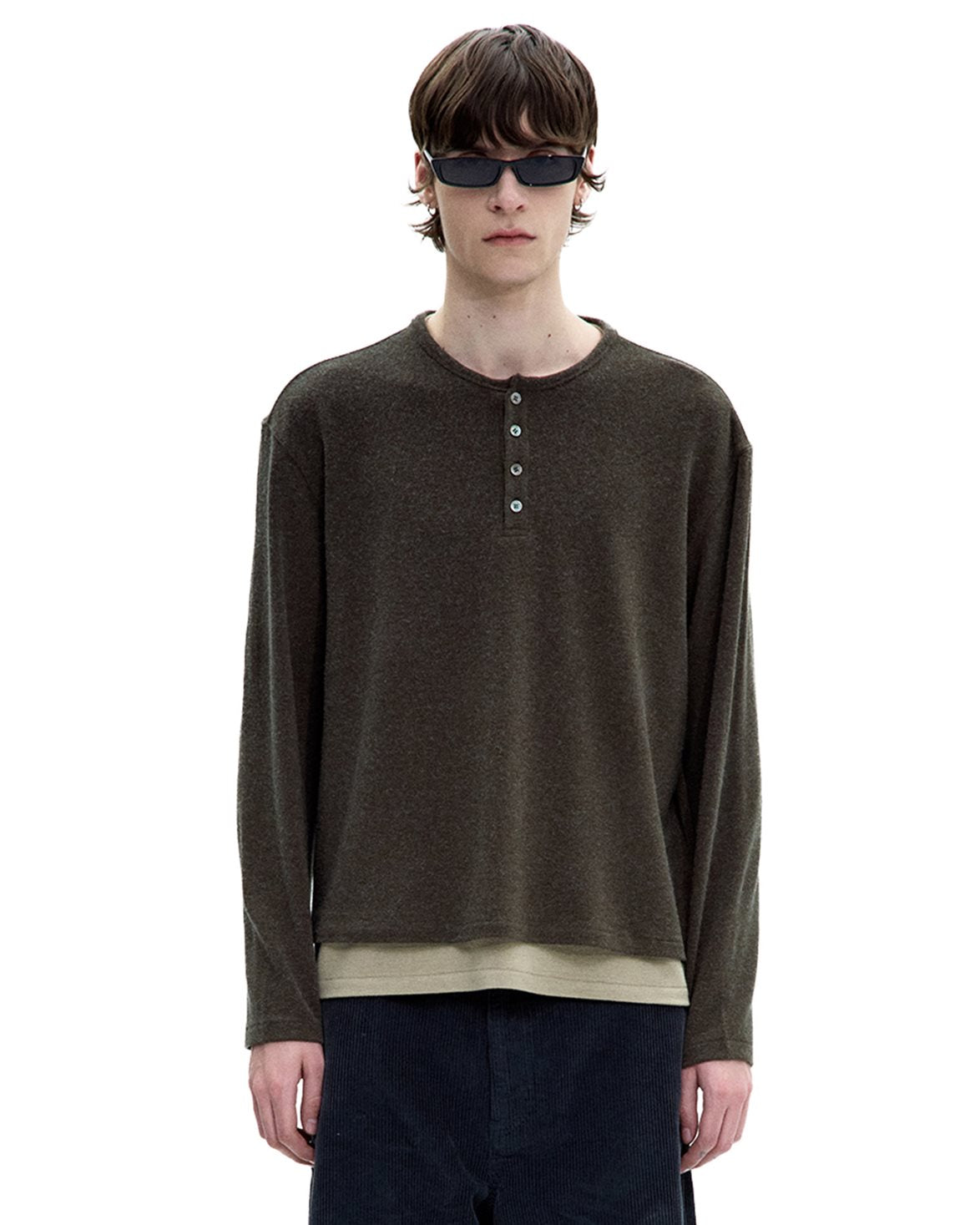 Henley Neck Layered T-Shirt Khaki Green