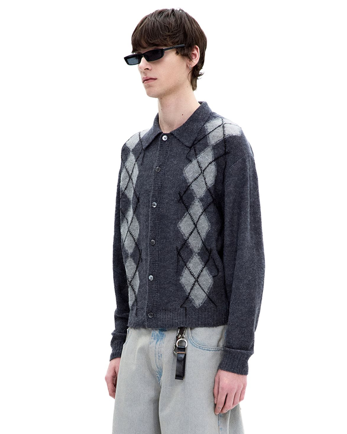 Inside Out Argyle Collar Cardigan Melange Grey