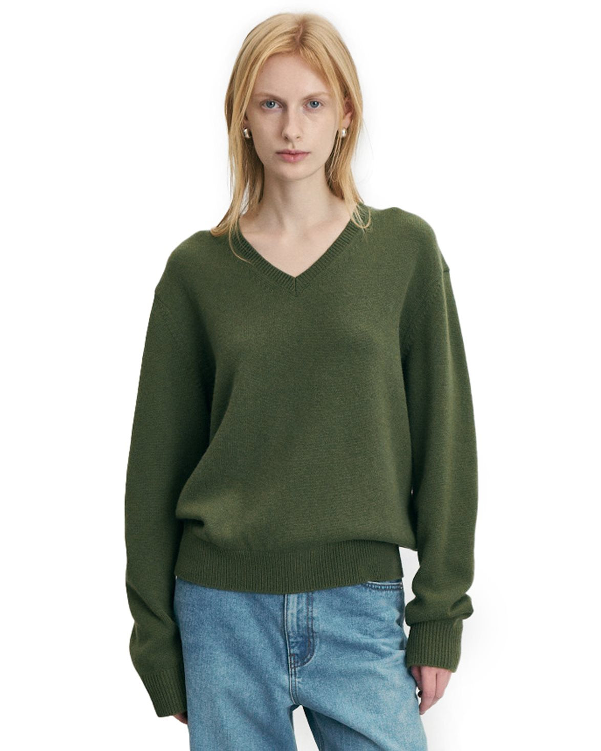 Cashmere V-Neck Sweater Olive Green