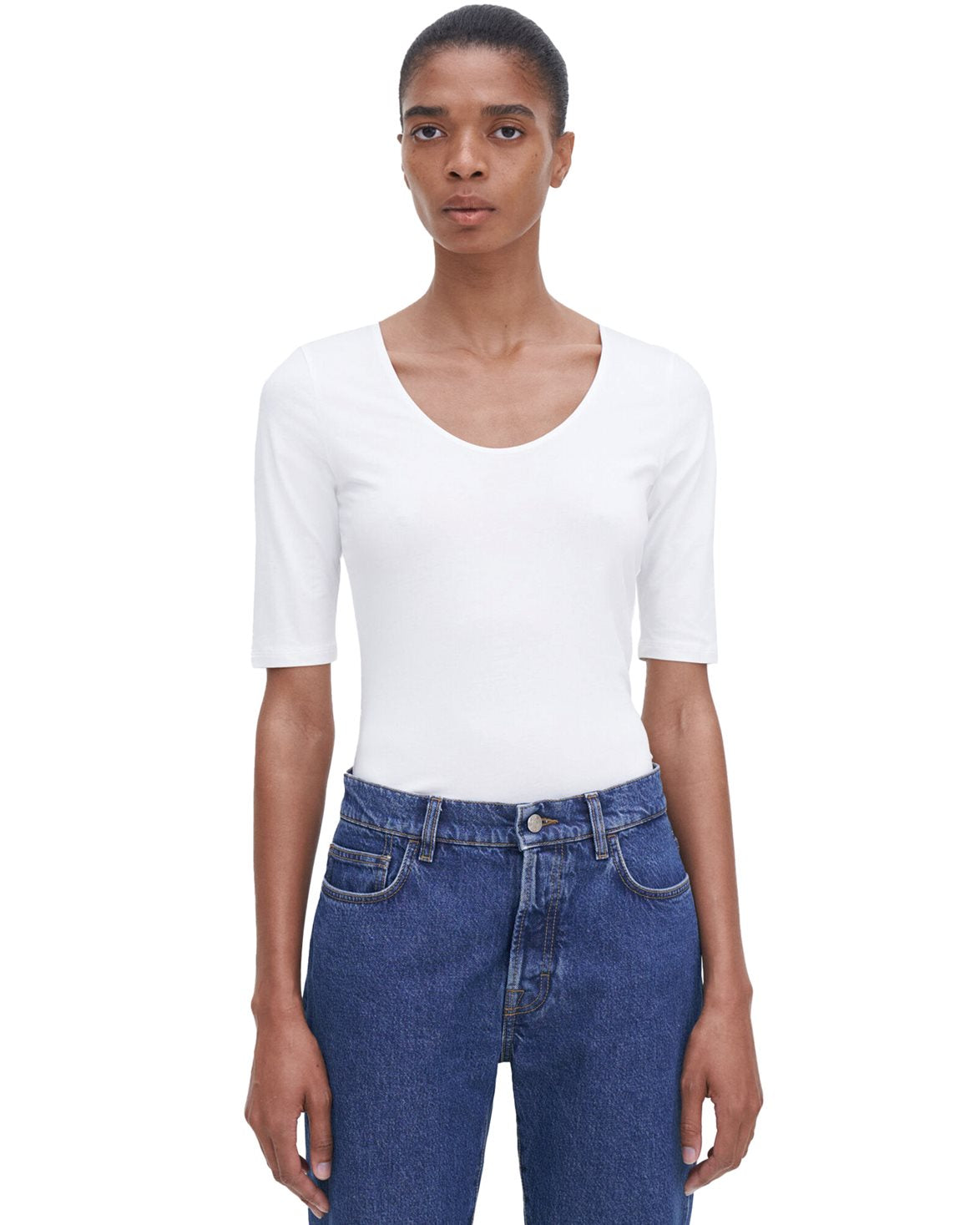 Cotton Stretch Scoop Neck Top White
