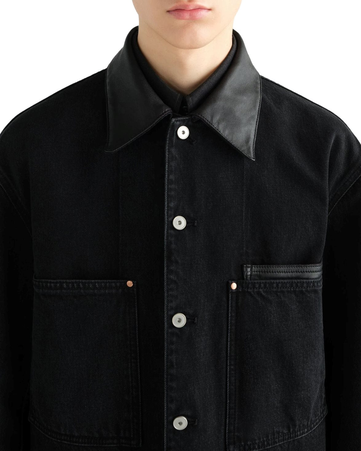Workwear Overshirt With Leather Collar Black