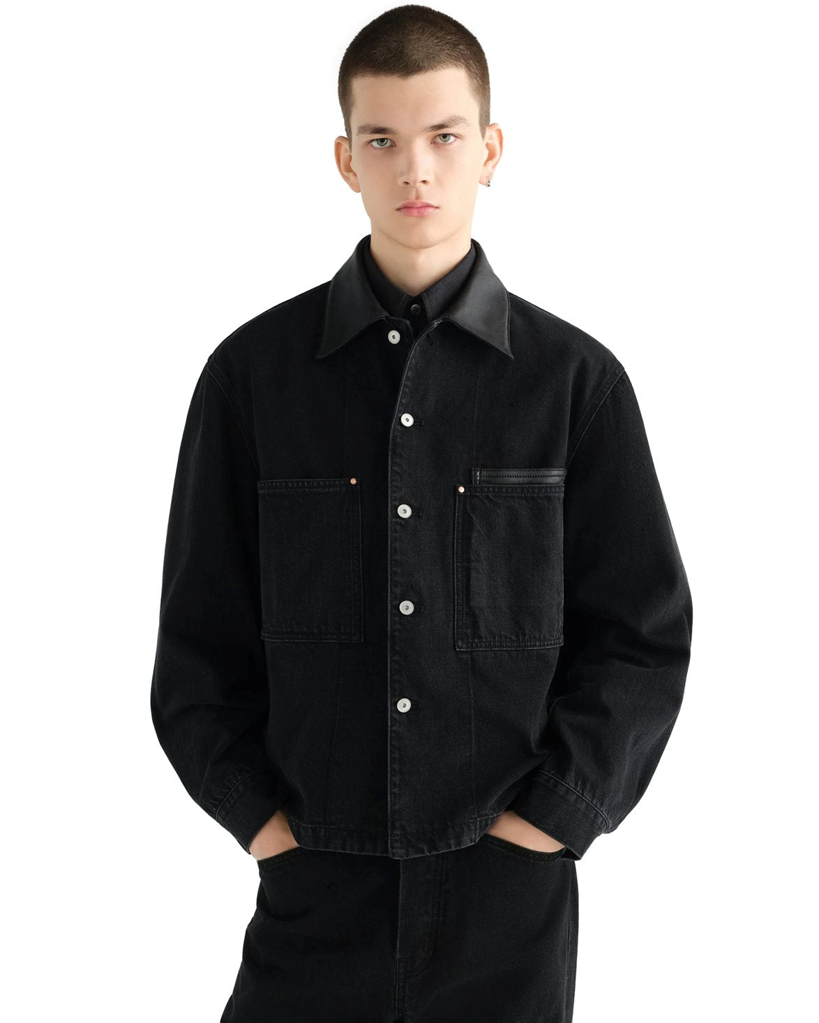 Workwear Overshirt With Leather Collar Black
