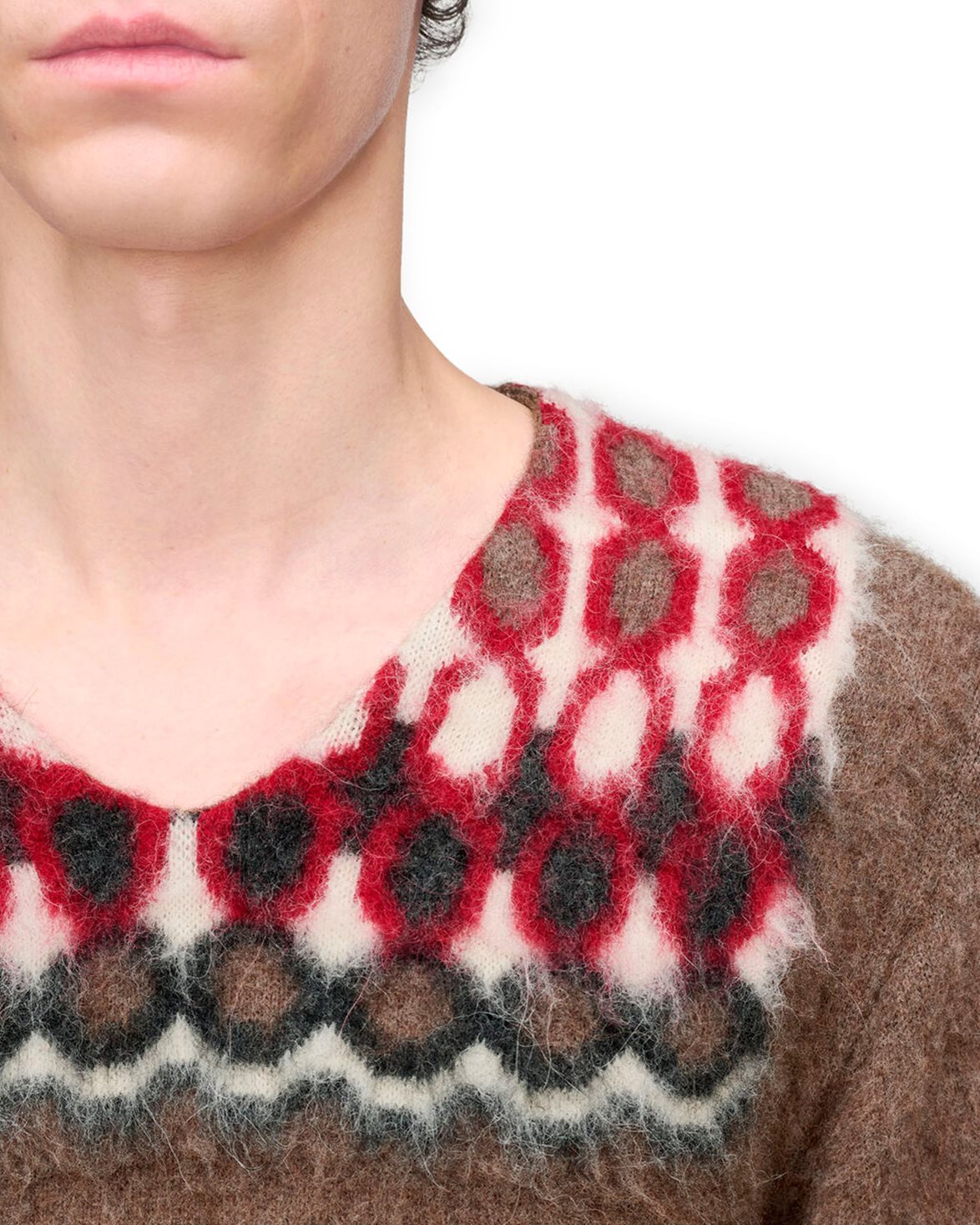 Brushed Alpaca V-Neck Sweater Brown/Charcoal/Ecru/Dark Red