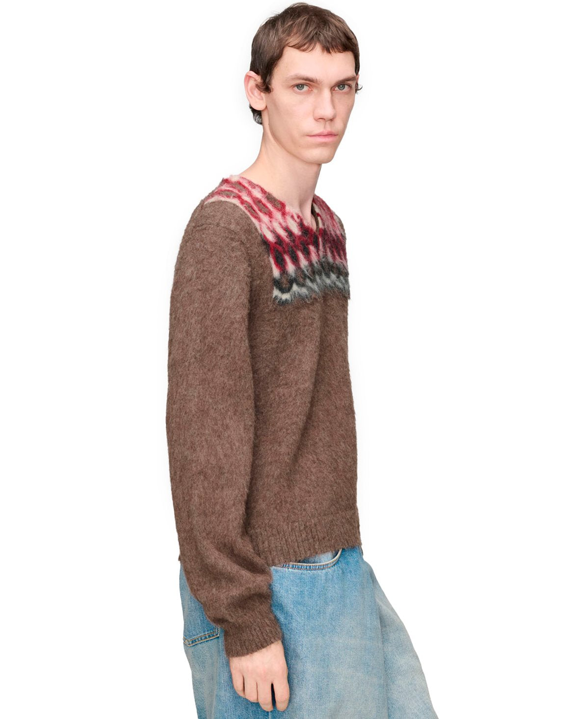 Brushed Alpaca V-Neck Sweater Brown/Charcoal/Ecru/Dark Red