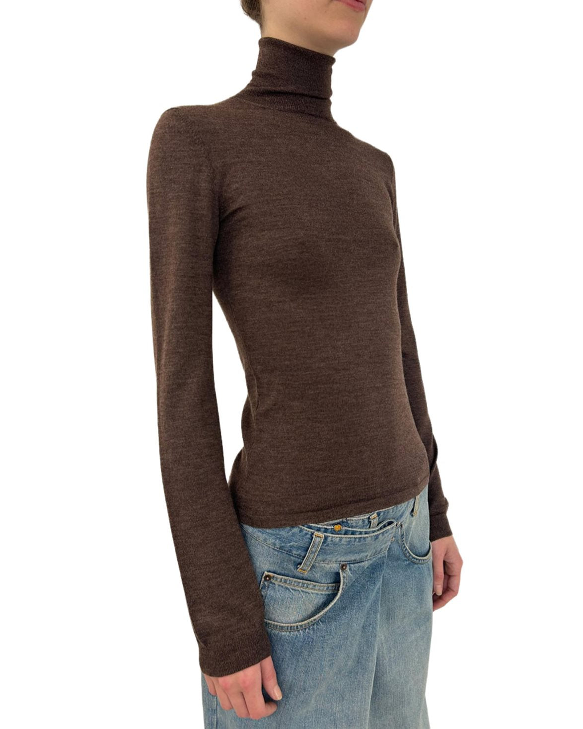 Fitted Wool Silk Turtleneck Dark Brown