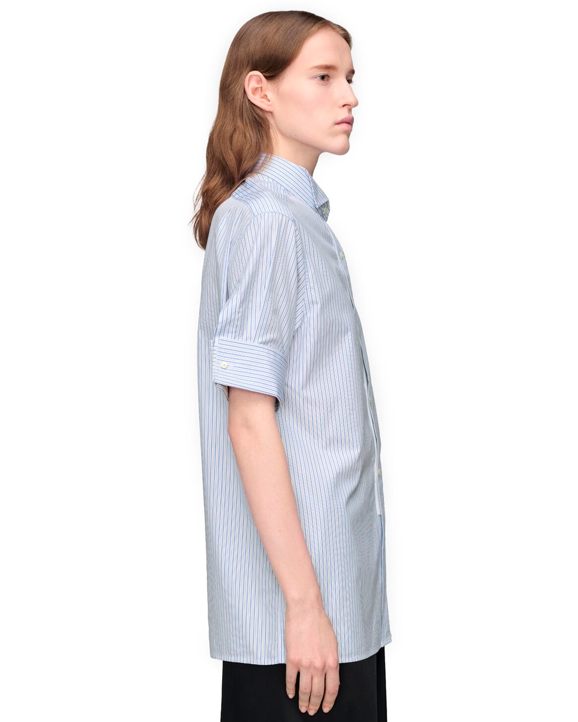 Snapped Button Short Sleeve Shirt White Blue Stripes