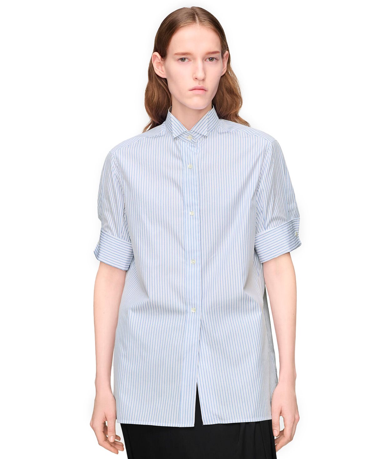 Snapped Button Short Sleeve Shirt White Blue Stripes