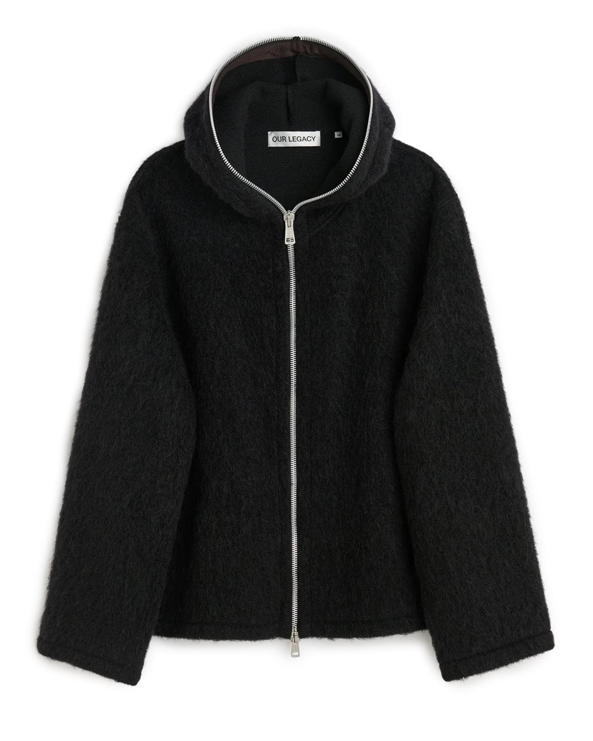 Full Zip Hood Black Hairy Wool