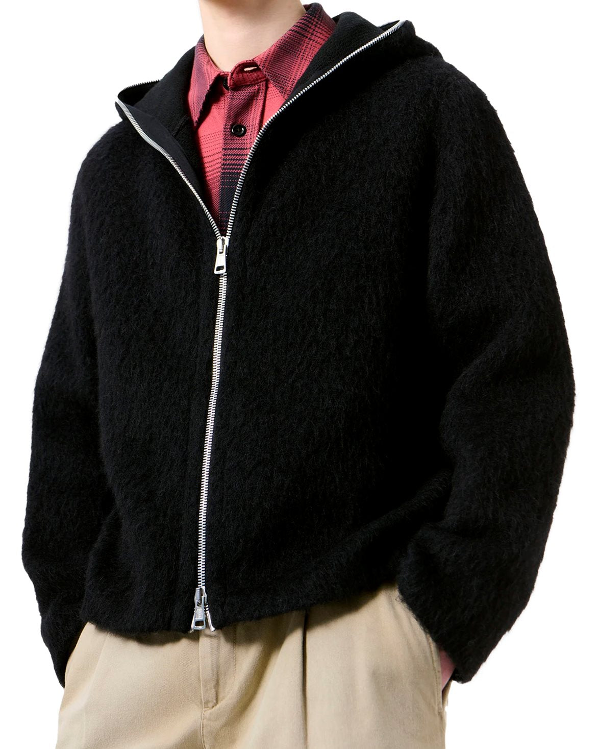 Full Zip Hood Black Hairy Wool