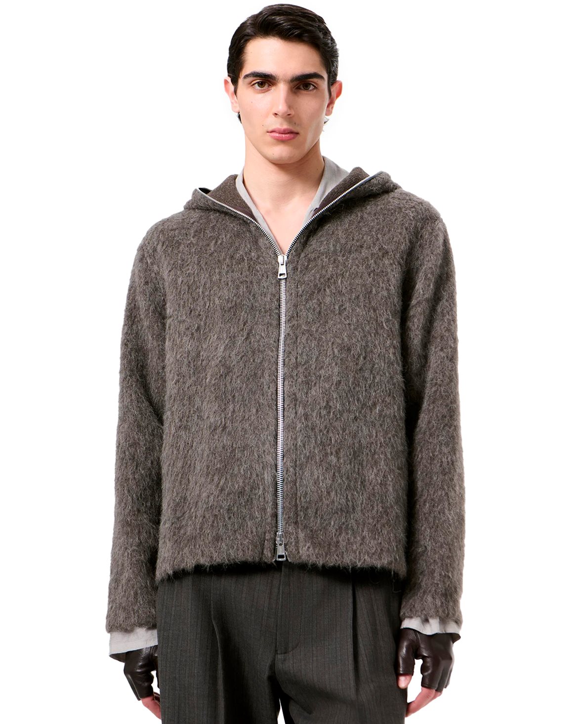 Full Zip Hood Mole Grey Hairy Wool