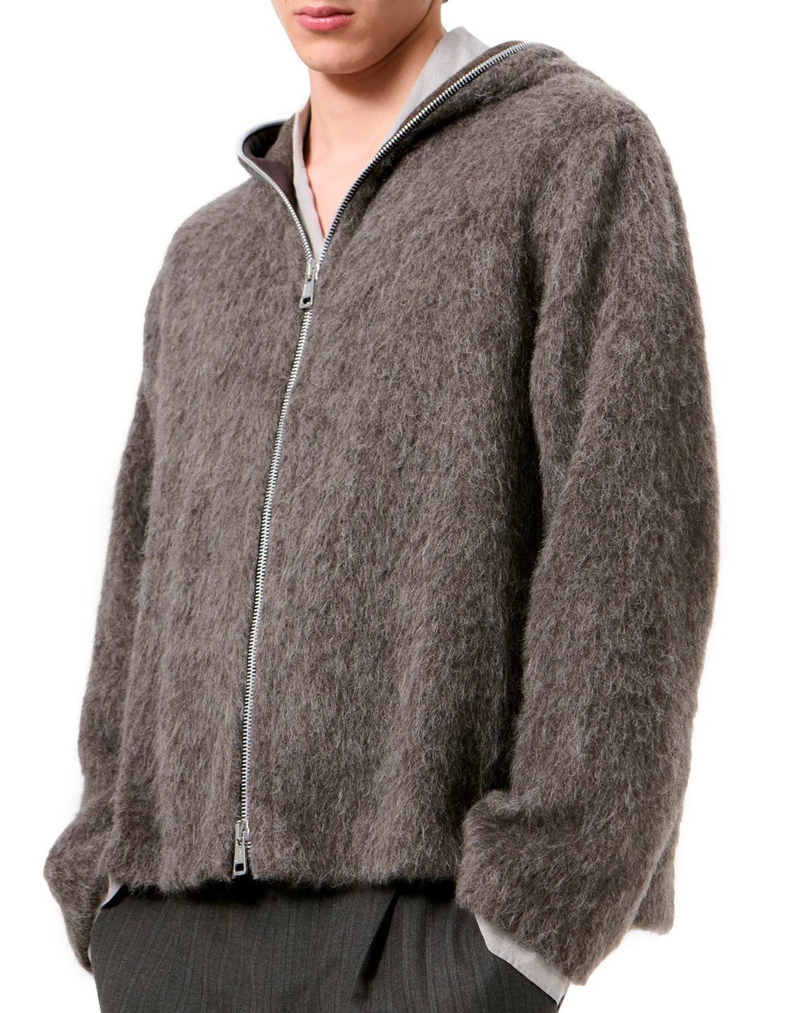 Full Zip Hood Mole Grey Hairy Wool