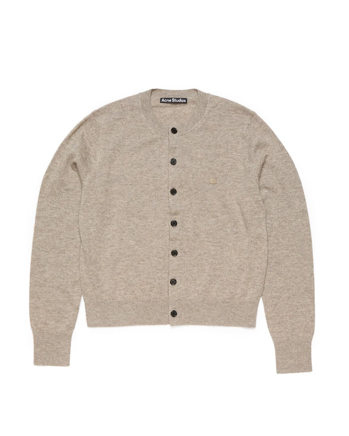 Face Crew Neck Wool Cardigan Greige Melange