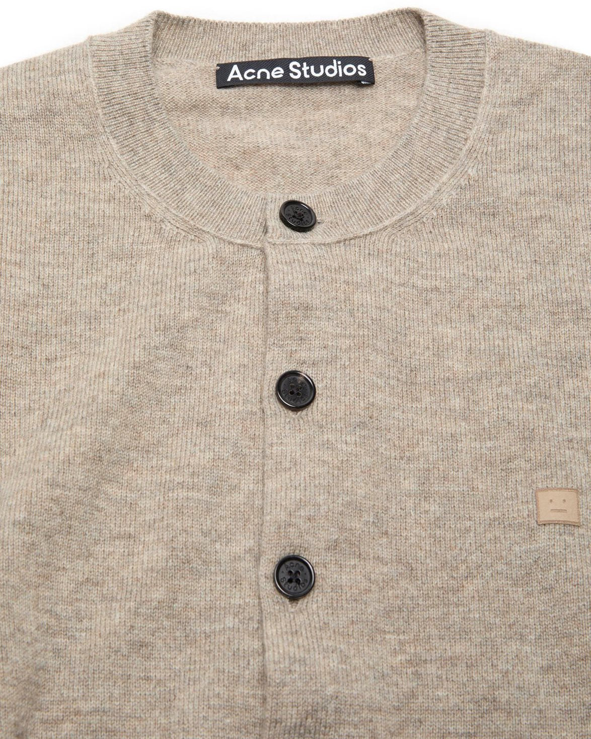 Face Crew Neck Wool Cardigan Greige Melange