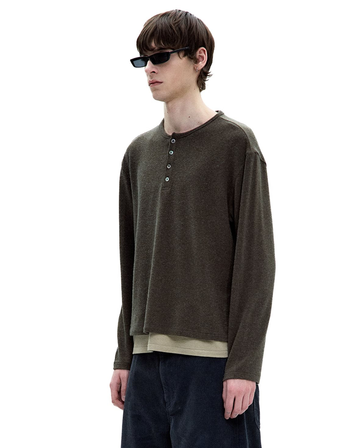 Henley Neck Layered T-Shirt Khaki Green