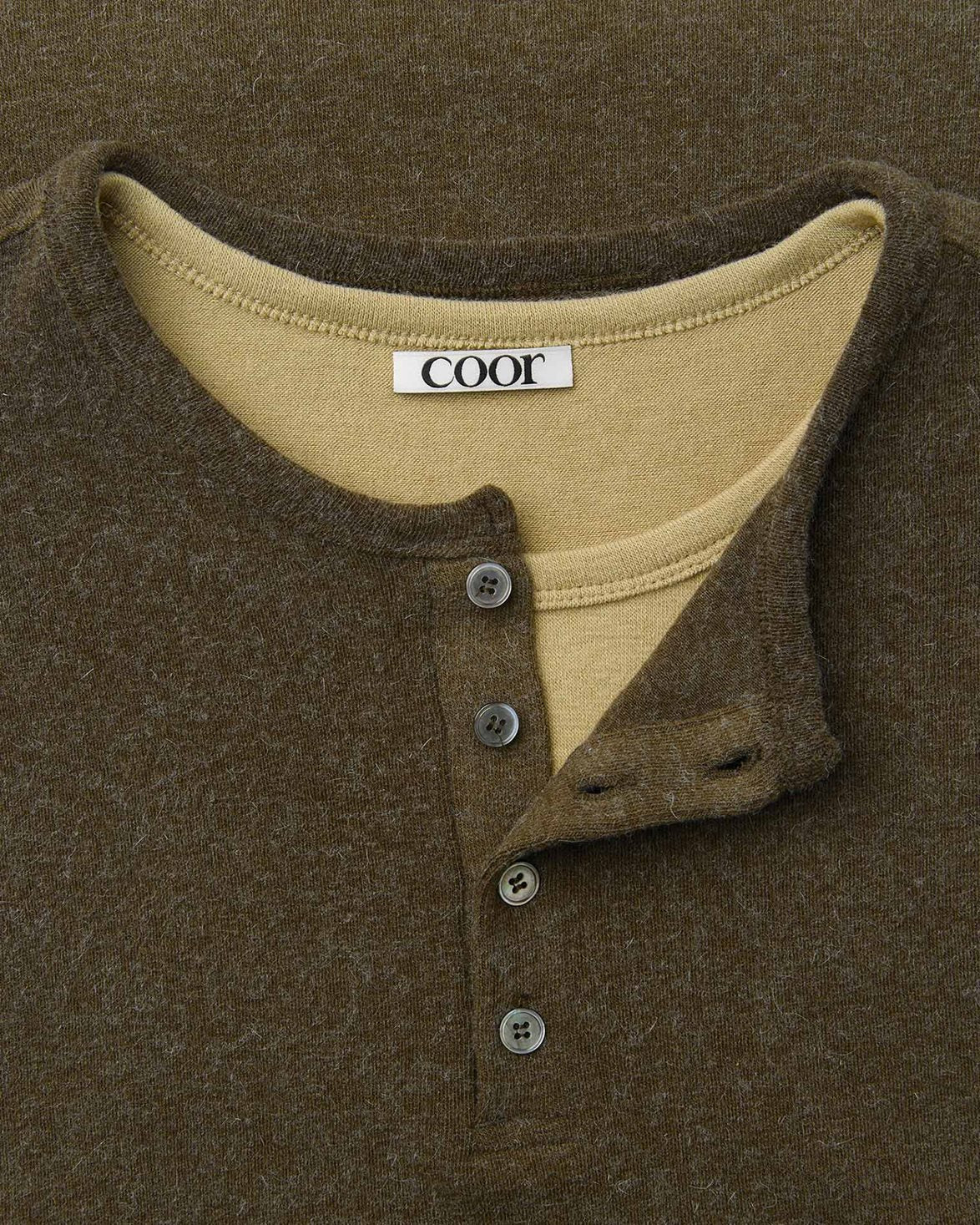 Henley Neck Layered T-Shirt Khaki Green