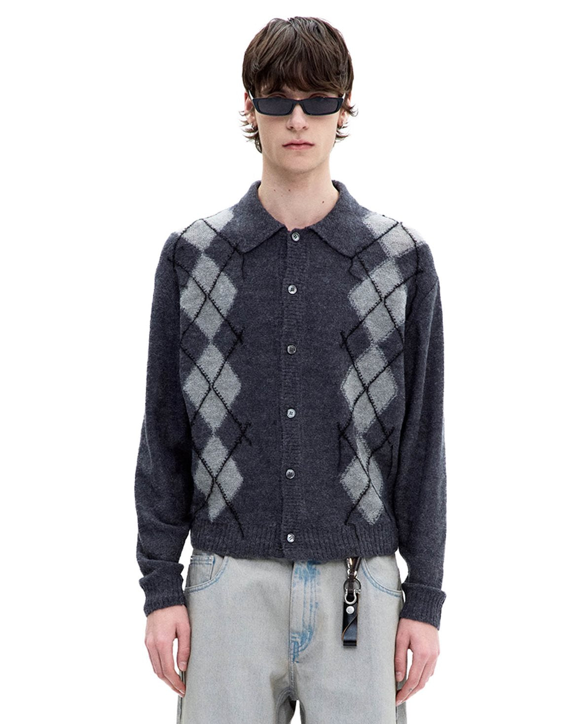 Inside Out Argyle Collar Cardigan Melange Grey