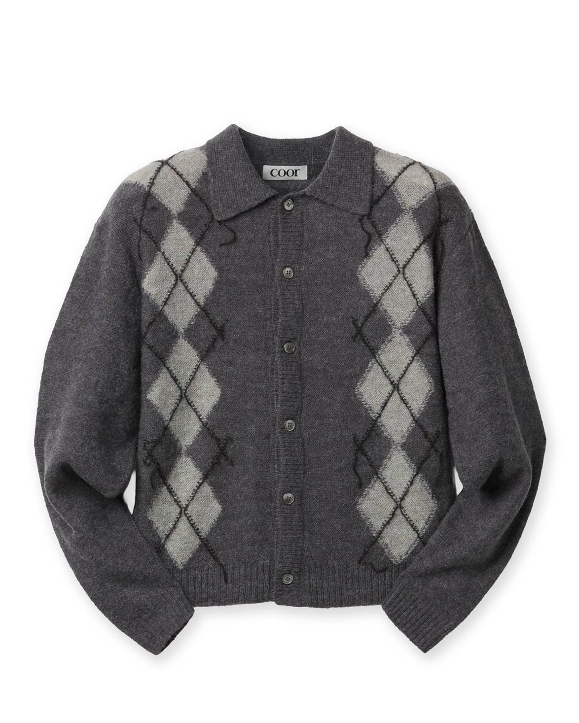 Inside Out Argyle Collar Cardigan Melange Grey