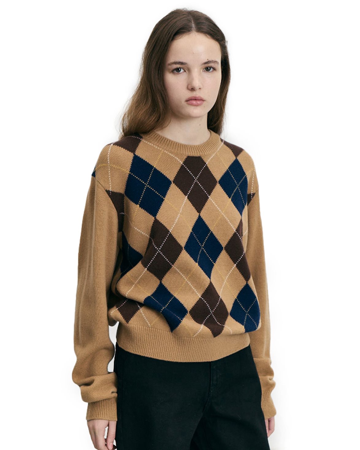 Argyle Crew Neck Sweater Camel Beige