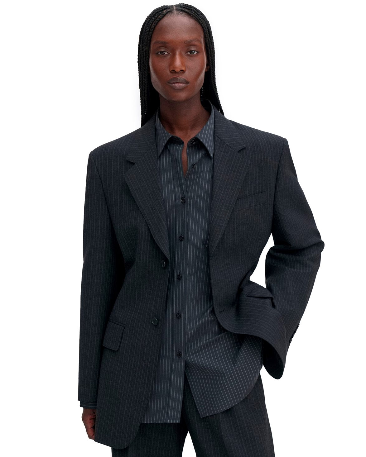 Hourglass Pinstripe Flannel Blazer Anthracite Pinstripe