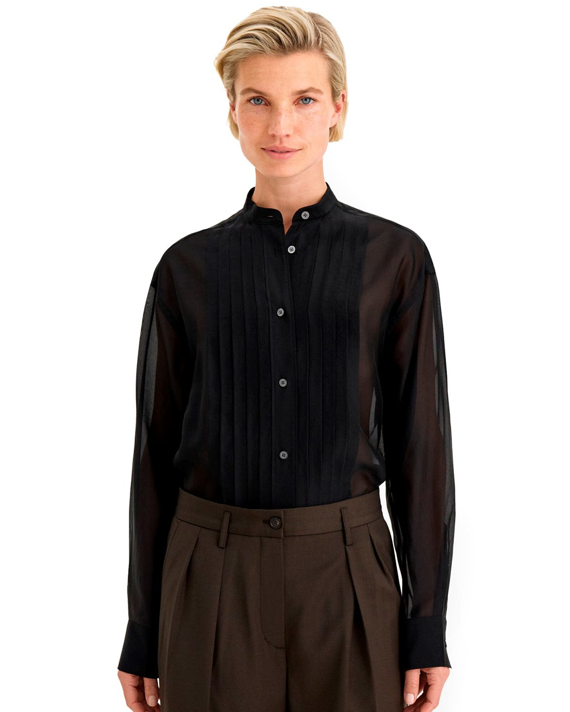 Pleated Stand Collar Shirt Black