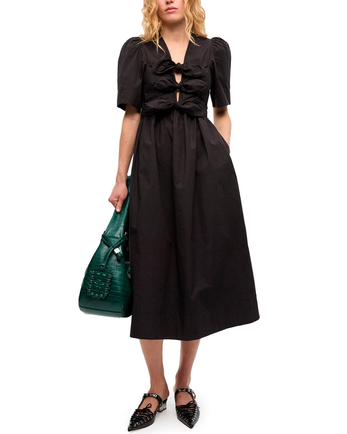 Stretch Cotton Tie Strap Midi Dress Black