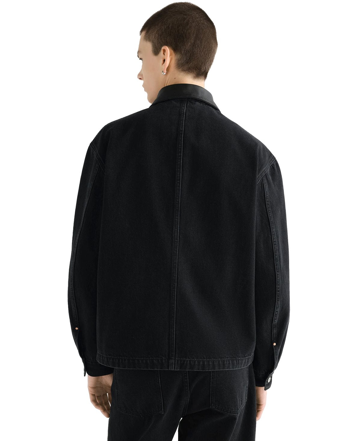Workwear Overshirt With Leather Collar Black