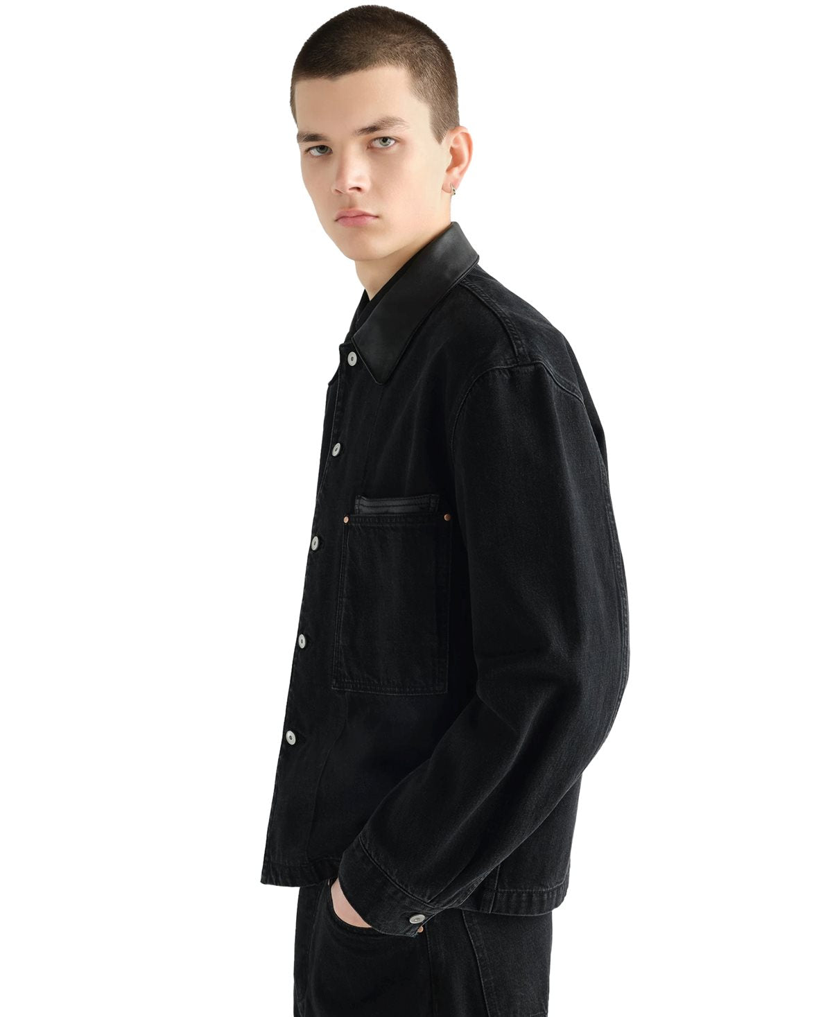 Workwear Overshirt With Leather Collar Black