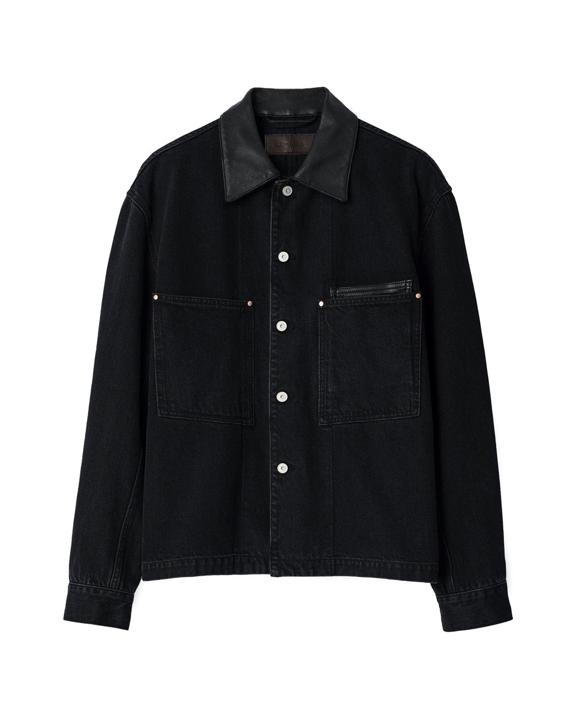 Workwear Overshirt With Leather Collar Black