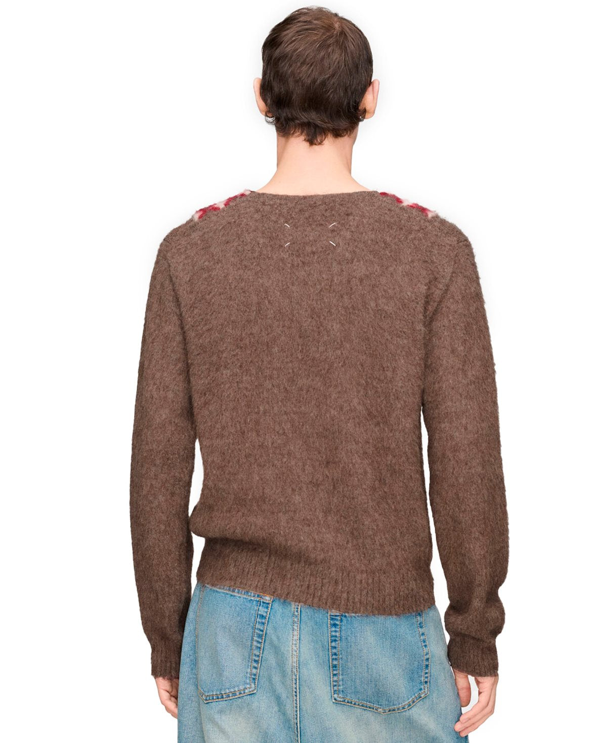 Brushed Alpaca V-Neck Sweater Brown/Charcoal/Ecru/Dark Red