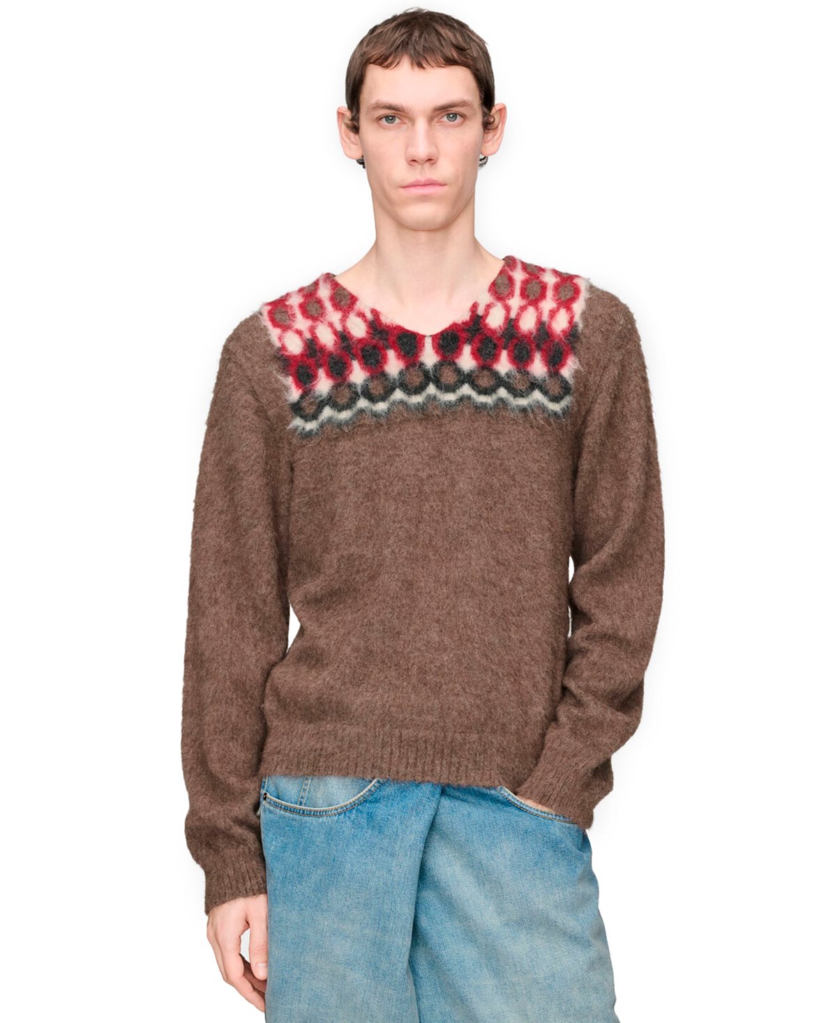 Brushed Alpaca V-Neck Sweater Brown/Charcoal/Ecru/Dark Red