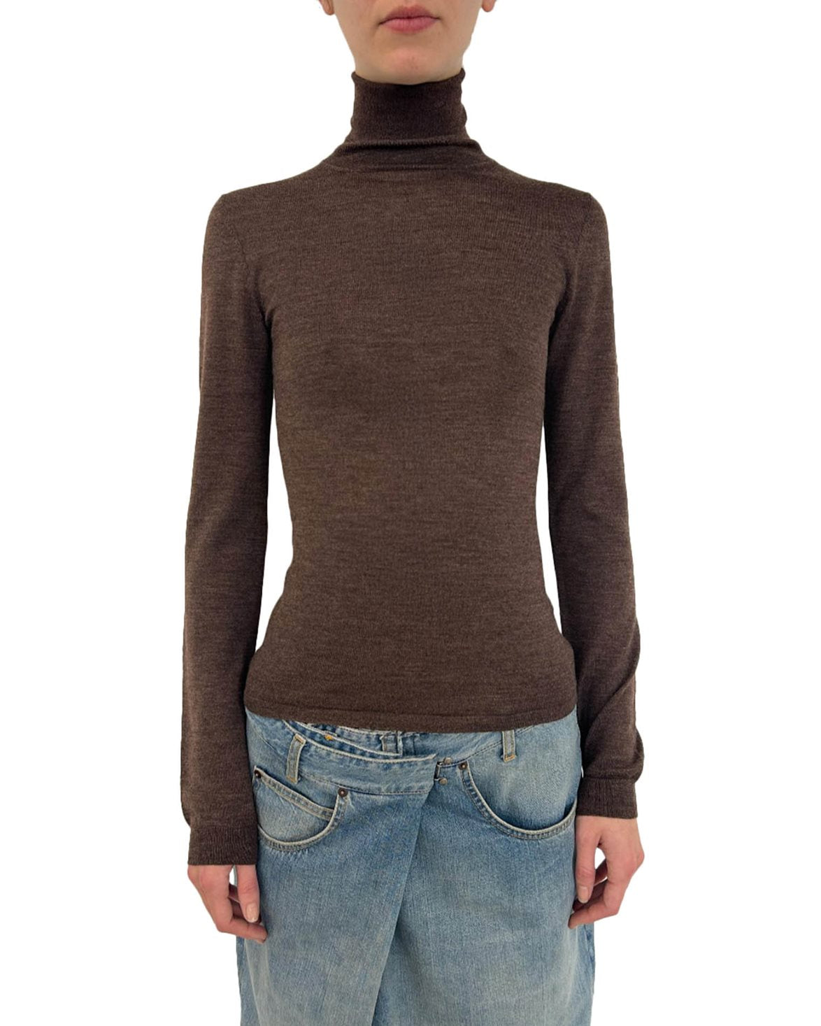 Fitted Wool Silk Turtleneck Dark Brown