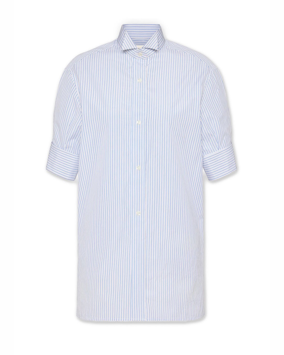 Snapped Button Short Sleeve Shirt White Blue Stripes