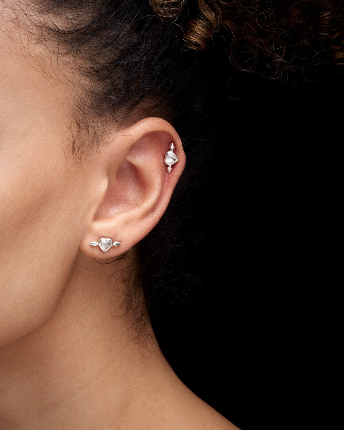 Pierced Heart Ear Stud Clear Quartz Silver