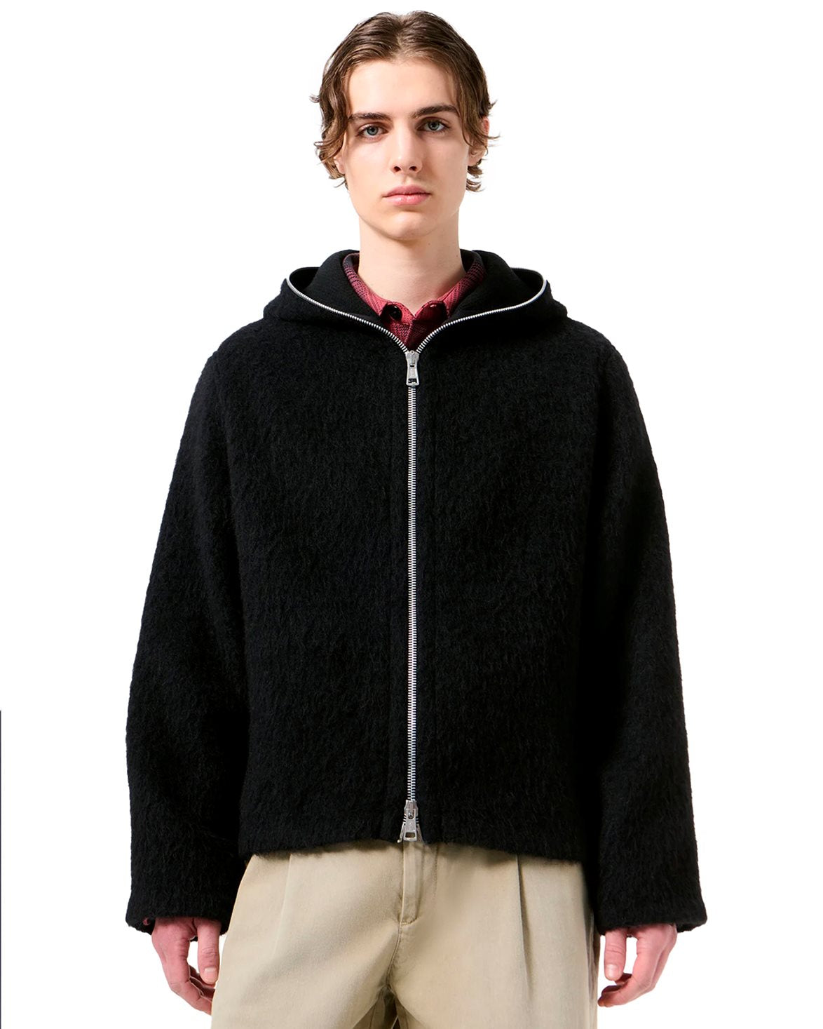 Full Zip Hood Black Hairy Wool