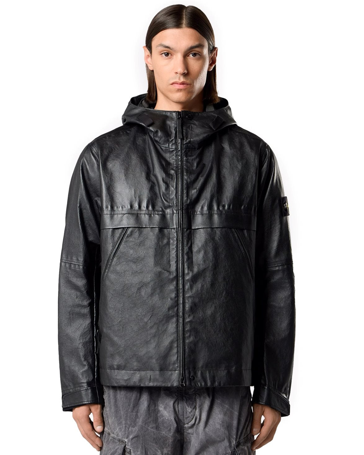 0100001 Hooded Leather Jacket Black
